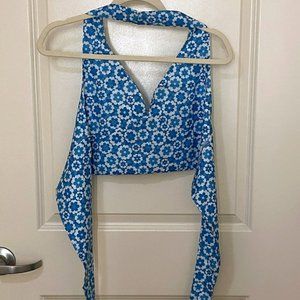 Blue and White Floral Halter Neck Crop Top